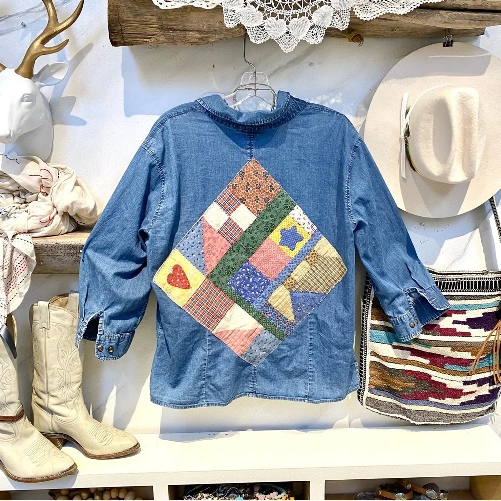 Upcycled patchwork vibe print on denim shirt w prairie country vibe - Picture 2 of 13